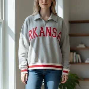 Arkansas Razorbacks Womens Quarter Zip Pullover Sweatshirt Gray Red Striped Trim